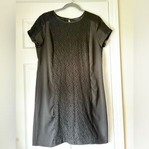 Apt.9 Dress Solid Black-Tie Lined Lacy Panel Poly Shift S-Sleeve A-Knee Sz M